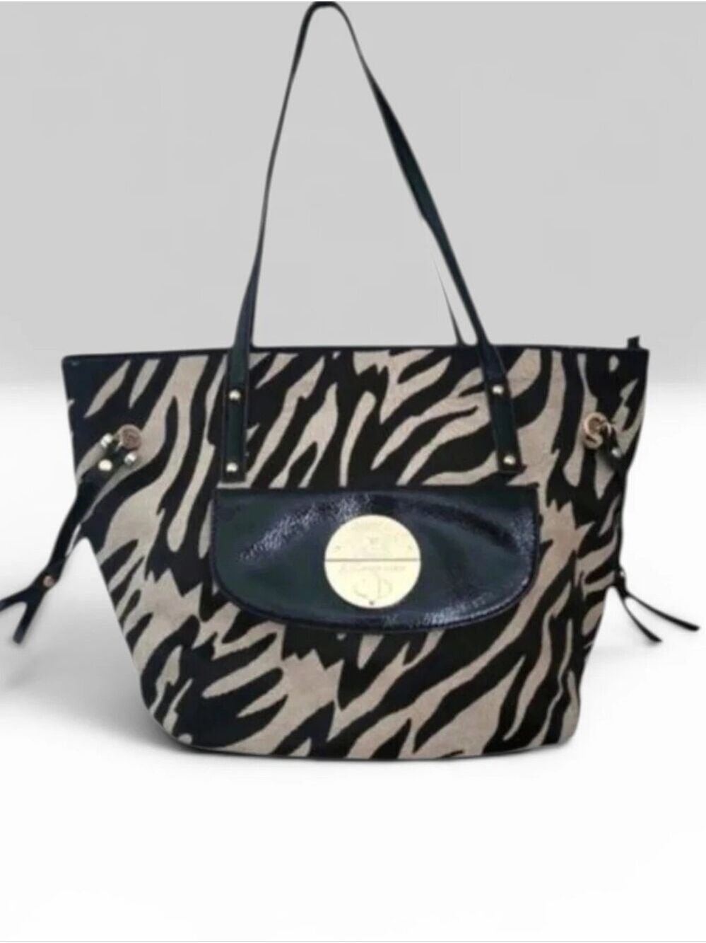 Anne Klein Zebra Print Canvas Tote – Black & Tan – Gold Medallion
